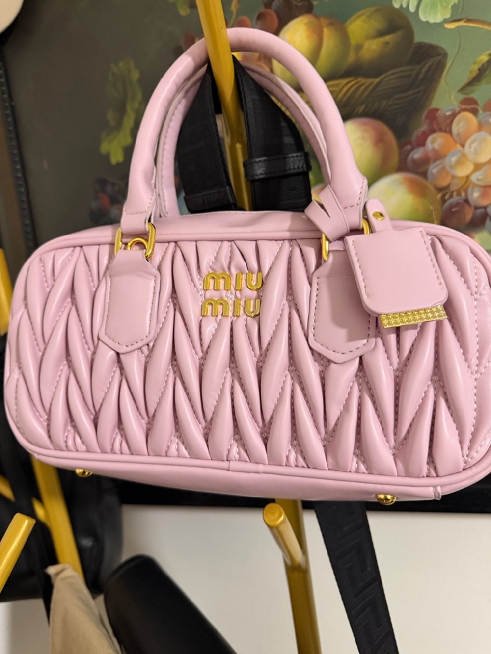 Miu Miu Light Pink Matelassé Handle Satchel with Gold Hardware
